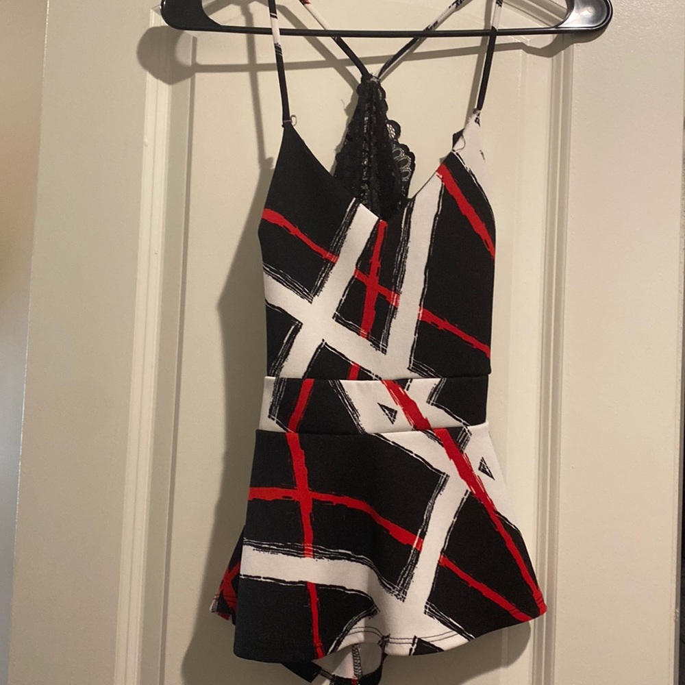 Geometrically Patterned Black, White and Red Tank Top